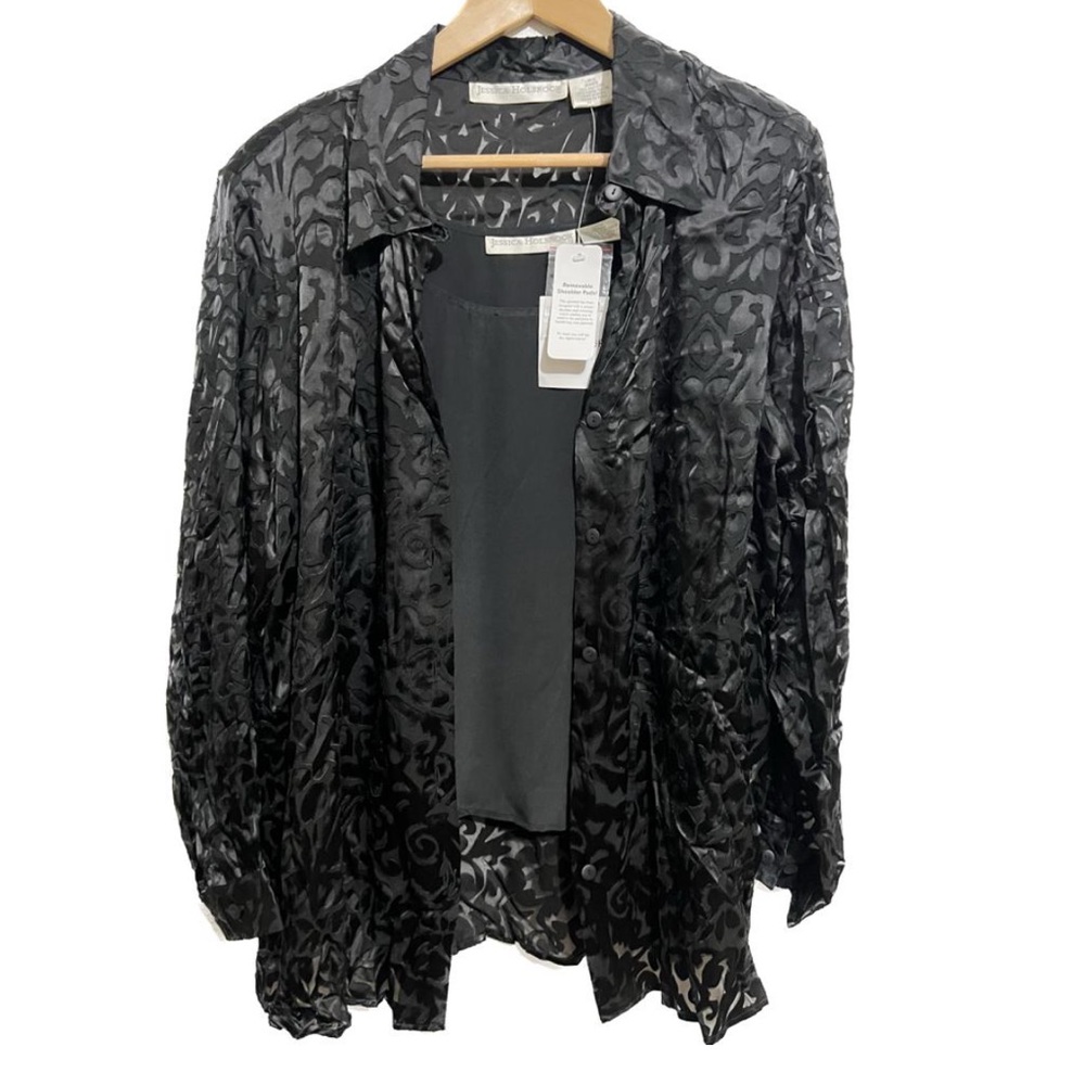 *Vintage Jessica Holbrook Women's Black Silk Blend Sheer Button Up Shirt Size L